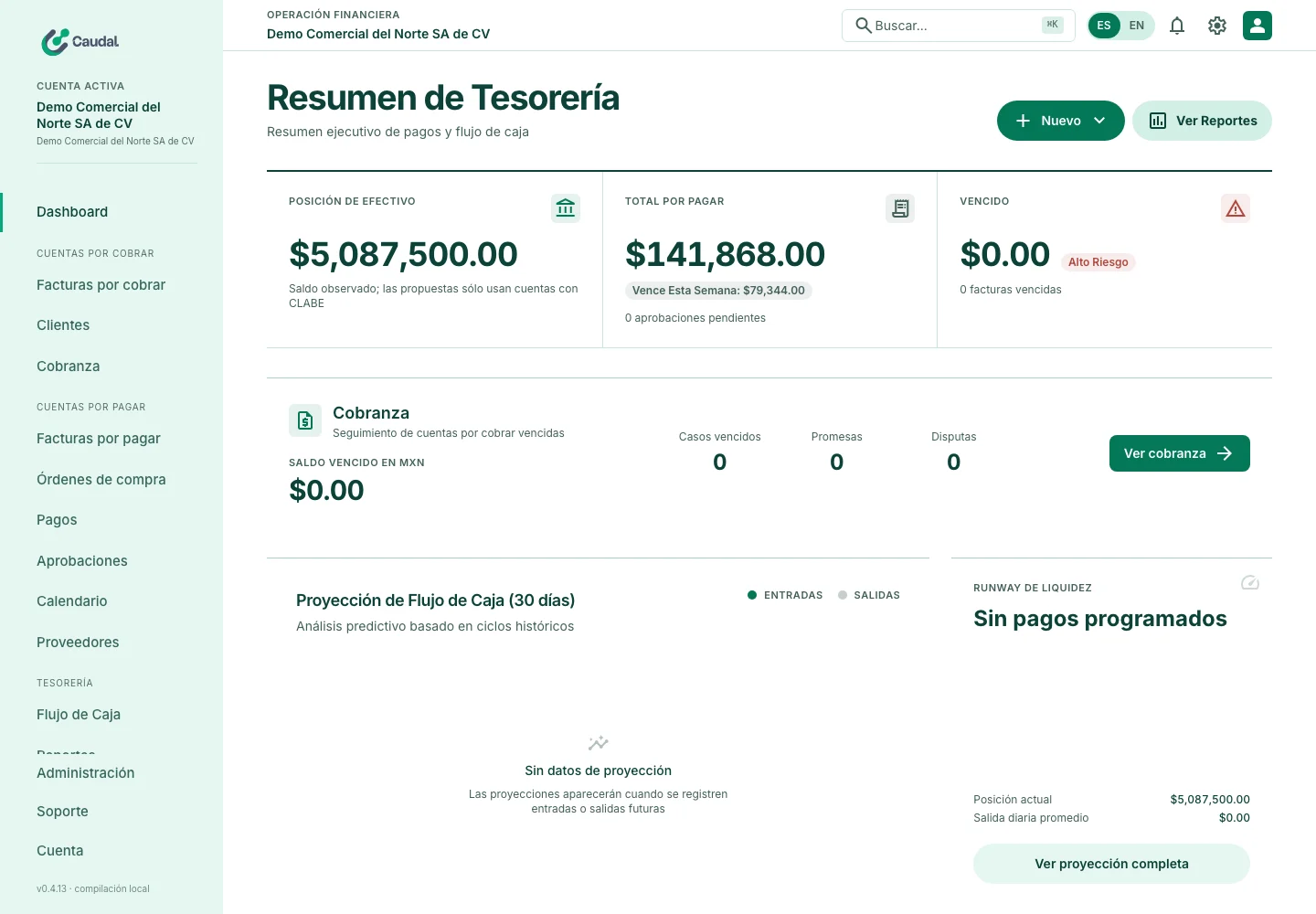 Resumen de tesorería de una empresa de demostración en Caudal
